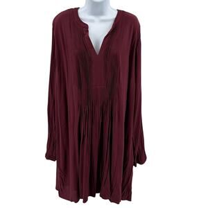 Old Navy Mini Dress WMNS XL Tall Pleated V-Neck Pintuck Burgundy Long Sleeves